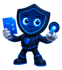 ScopeSeal shield mascot holding a checklist and scope lens